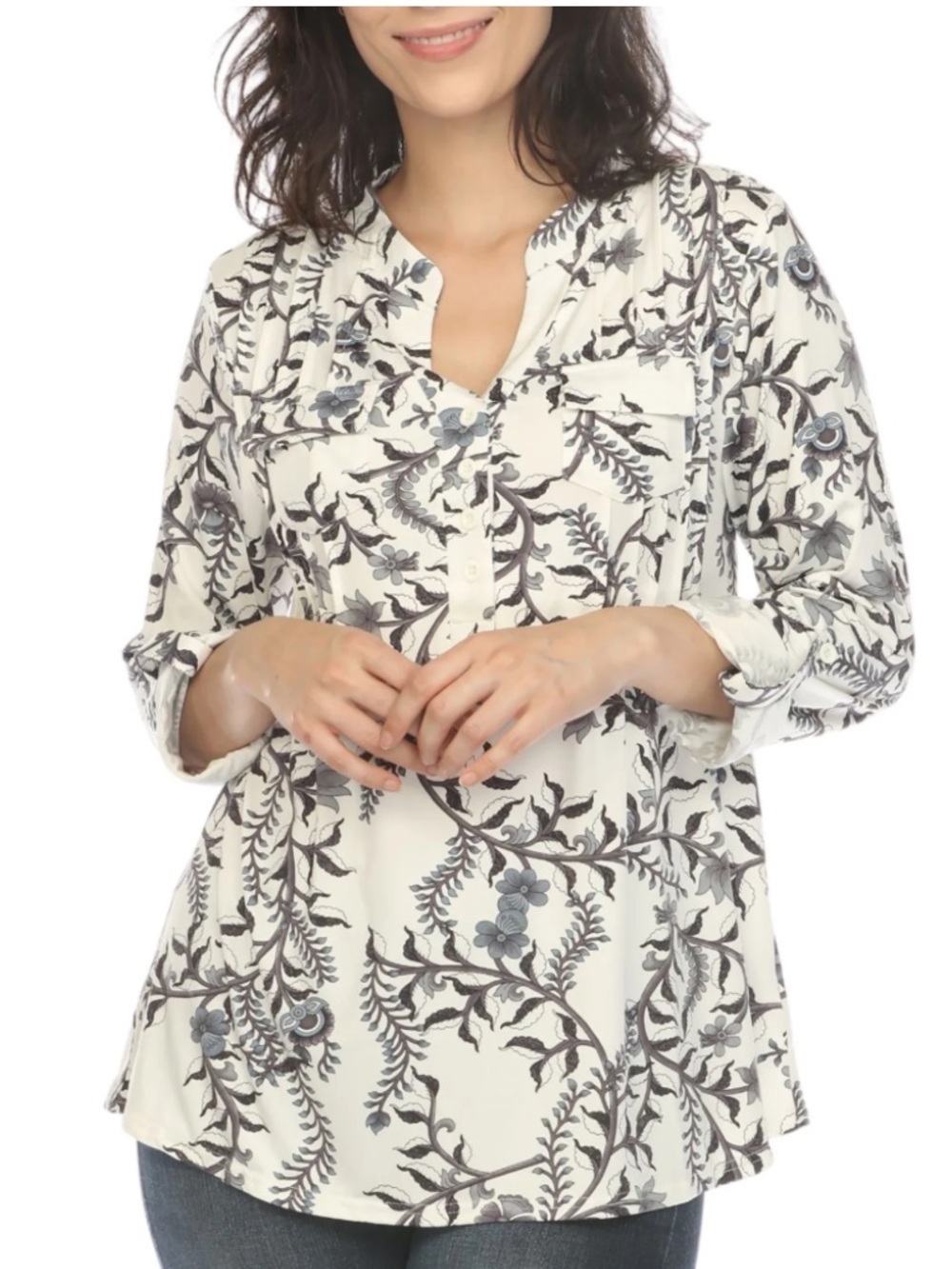 White Mark Women's Floral Button Front Tunic Top